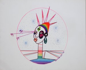 The bust of a woman with spiky hair and multicolor apparel, in an oval with laser lines emerging from one eye.