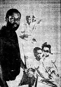 Artist Calvin Jones with his work in the exhibition "Very Much Alive" at the Afam Gallery on 75th St in 1972. Photo from the Chicago Defender.  