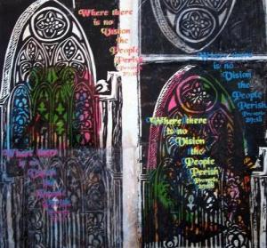 Arlene Turner-Crawford Proverbs 29:18 (2012) linoleum cut print and collage 28 x 24 inches Exhibited at WomanMade Gallery, "State of G/Race"